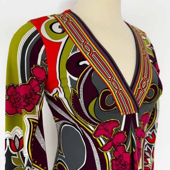 Hale Bob Lotus Stretch Jersey Shift Mini Dress Long Bell Sleeves Retro Floral XS - Picture 7 of 12